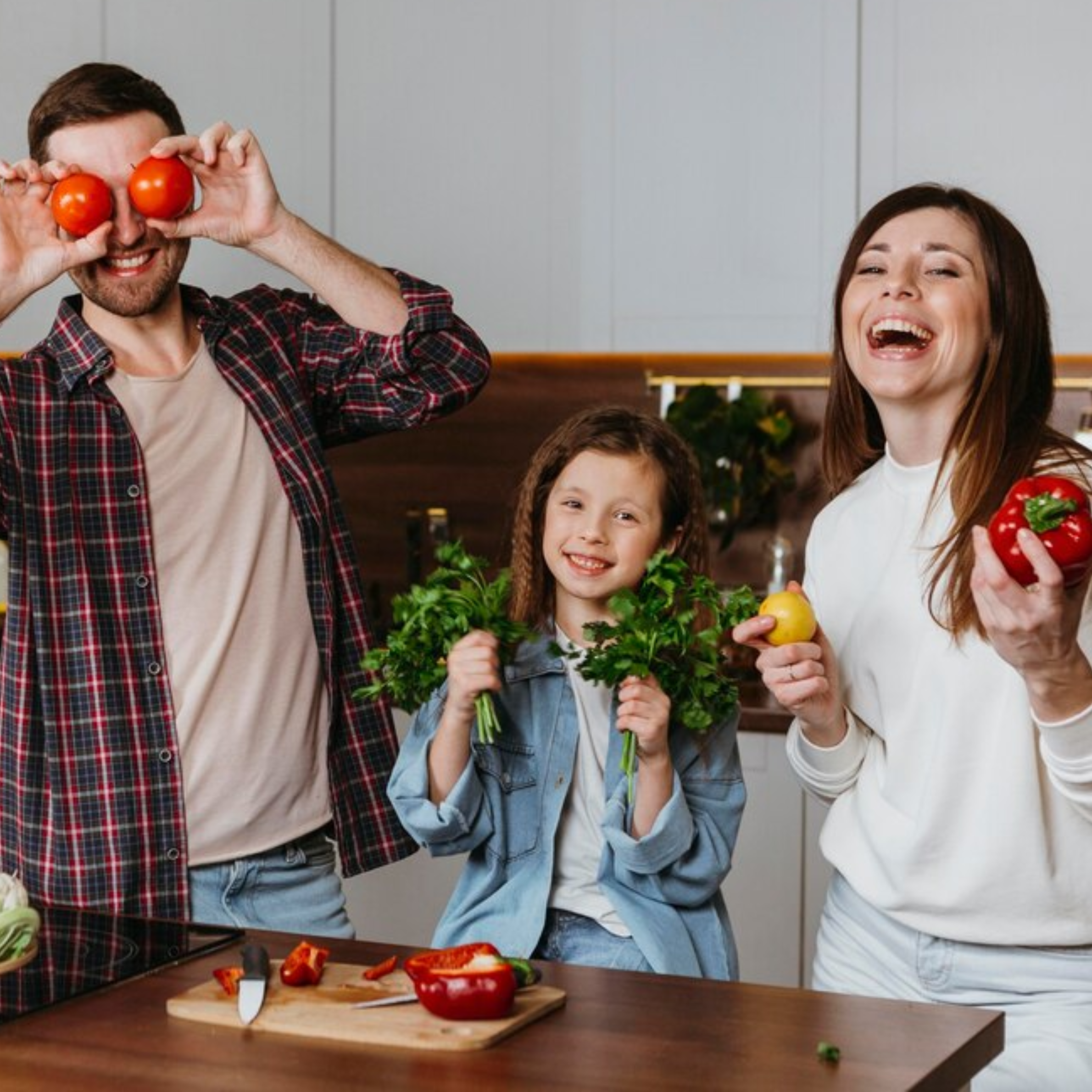 family happy with vegatbles